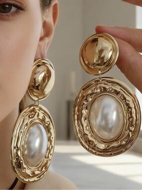 Vintage Gold Pearl Statement Drop Earrings
